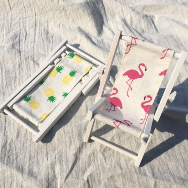 Telefonhållare för solstol (Flamingo), dekorativ surfplattahållare för Hawaii, strandstol i canvas i trä, hållare för visitkort för smartphone