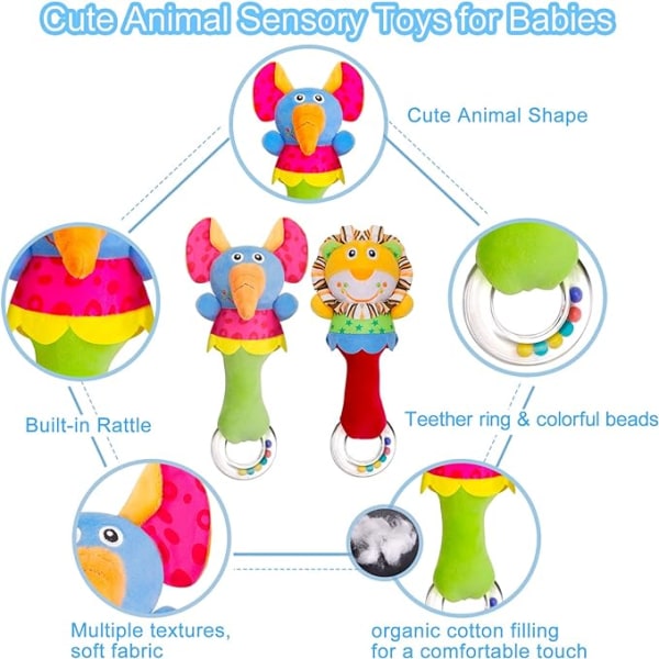Sensoriska leksaker för baby skallror (lejon, elefant) - 2-pack Newborn First Plysch skallra Set med tandringar Tidig pedagogisk leksak