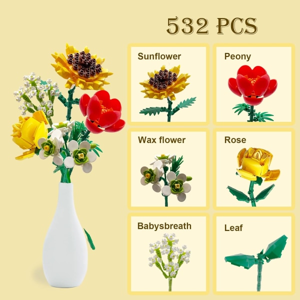 Byggsats för vuxna, Set, konstgjorda blommor Minibyggstenar Heminredning, inte kompatibel med Lego (Sunfl