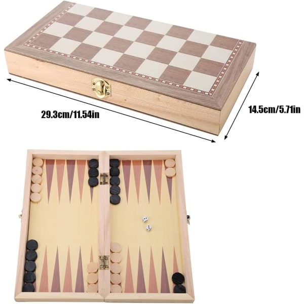 Träschackset, 3-i-1 schack och dam och backgammon fällbara schackset, bärbart resespel leksak