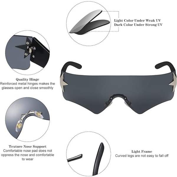 Ramfria Y2K solglasögon svart och vitt, 2 dam- och herr-solglasögon, trendiga ramlösa solglasögon UV400-skydd utomhus cykelsolglasögon