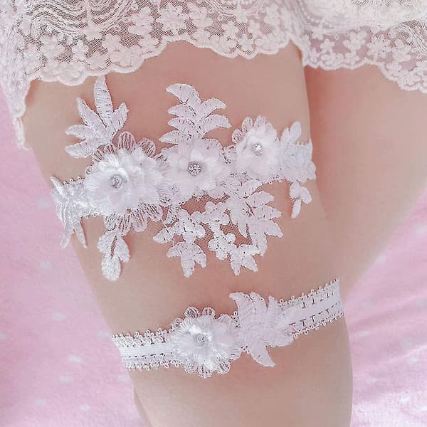 2 stk. Bryllupsstrømpebåndssæt Blonde Brude Strømpebånd Elastisk Blomsterstrømpebånd Til Brud Blå Og Hvid White