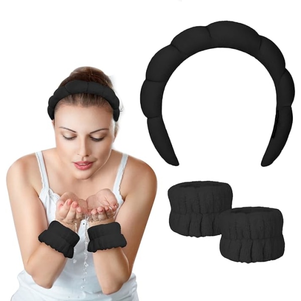 Spa pannband för kvinnor med svamparmband 3-delat set (svart), fluffigt hudvårdssminkband, hudvårdspannband med handledsrem, huvudband av handduk
