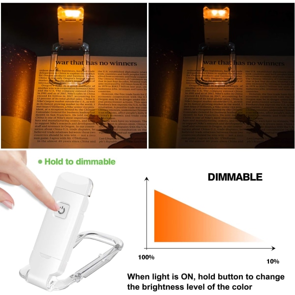 LED Klype Leselys, Leselys for Bøker i Sengen, Øye-Skånsomt Lys, USB Oppladbart, 2 Lysstyrkeinnstillinger for Øyebeskyttelse, LED Lys, Hvit