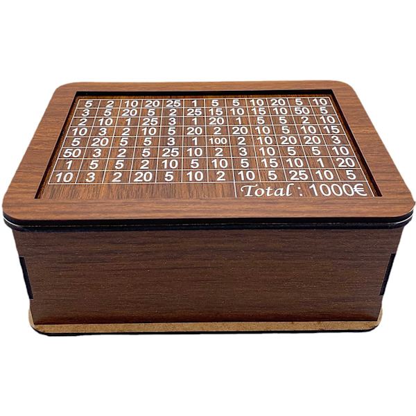 Träsparbössa - utan öppning 17X12.5X7 cm Barn-vuxen sparbössa Spargris att slå sönder, Sparmål på 1000 €