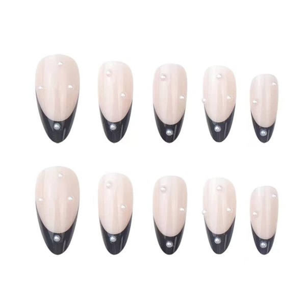 Almond Fake Nails Cute Black Press on Nails Tips French Short False Nails Pearl Full Cover Stick on Nails for Women and Girls 24Pcs