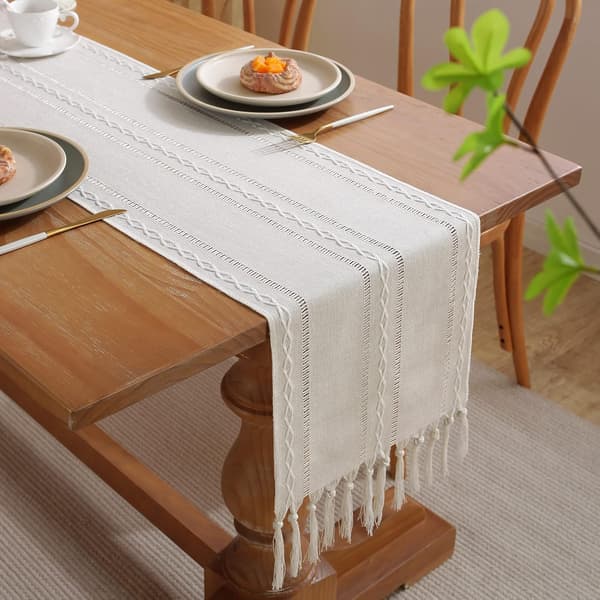 Bordslöpare 32 x 160 cmLantlig stil med vita rustika pompom