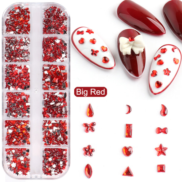 En set (röd) Nail Art Smycken 12 Grids Fancy Heart Star Hartsformade Diamond Nail Gems, Flat Back Crystal Strass med Pick Up Pincet för Nail a