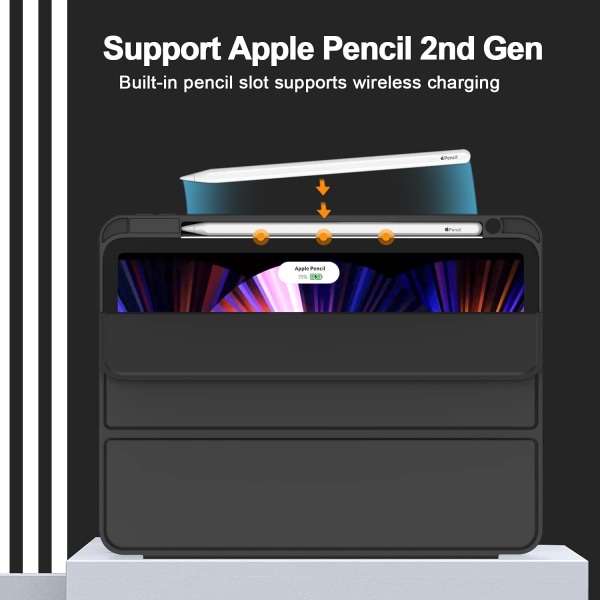 (svart) Nytt iPad Pro 11- case 2022(4:e generationen)/2021(3:e generationen)/2020(2:a generationen) med pennhållare, smart case [Stöd Touch ID och automatisk väckning/sömn] w