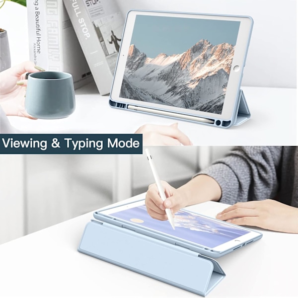 Ljusblått fodral för iPad 10,2 tum (9:e/8:e/7:e generationen, 2021/2020/2019) med pennhållare, transparent slim baksida stötsäkert stativ surfplatta