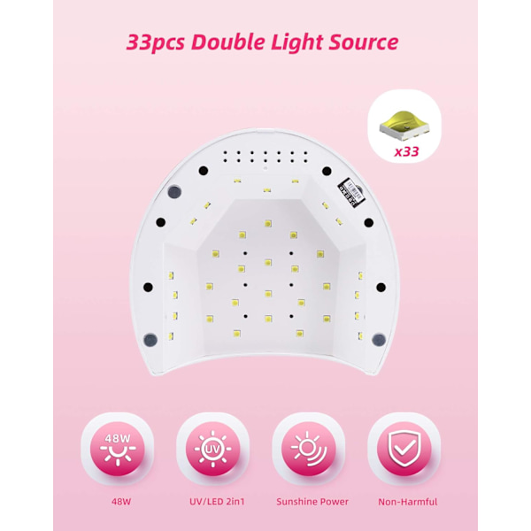UV LED-lampa nageltork, 48 W bärbar professionell automatisk nageltork med 33 LED-lampor, 4 timers 10s/30s/60s/90s, salong nageltorklampa perfekt för A