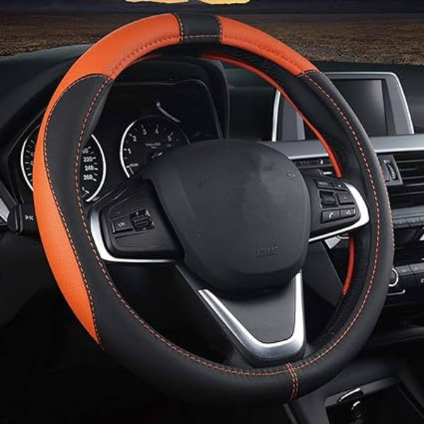 Läder Rattkåpa (Svart Orange), Universal Diameter 15\"/38cm Bilrattsskydd, Andningsbar Halkfri Sportstil, Hållbar, Bekväm