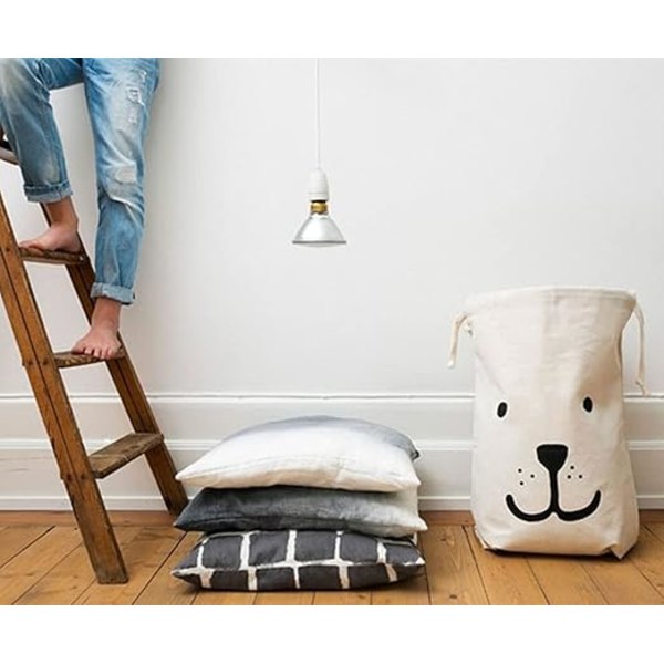 Vaskepose 2 stk Stor Lerretspose 46*62cm med Snøring, Oppbevaringspose for Klær, Leker, Reise, Familie Vandring, Sovende og Smilende Bjørn