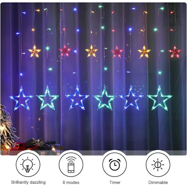 Stjerne Lysgardin 2m Varm Hvid Gardin Lys Guirlande Vindue Jul Indendørs 8 Modes USB Juledekoration Vindueslys Deco Bryllup Have Sengekant