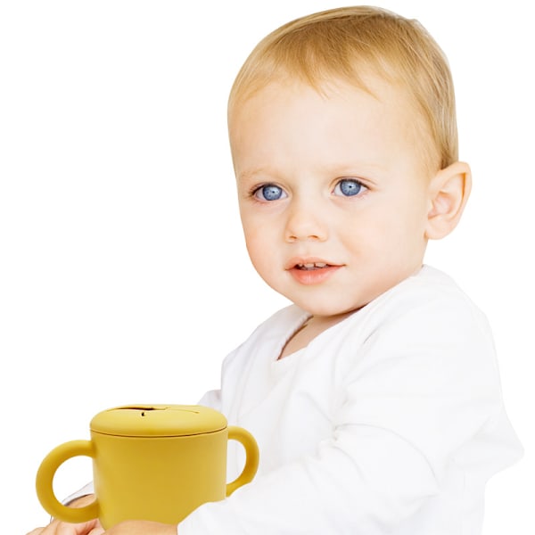 Gul Snackskål i Silikon med Håndtak og Doble Ører, Petalåpning, Baby Snackboks, Kreativ Drikkekopp