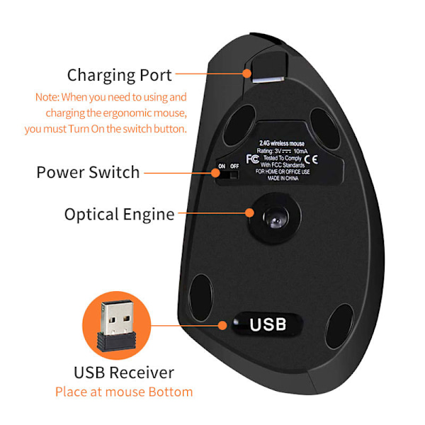 Trådlös mus, ergonomisk vertikal mus, 6 knappar, LED, förebyggande av mussyndrom och epikondylit, för högerhänta, PC, dator, bärbar dator, Mac, batteri