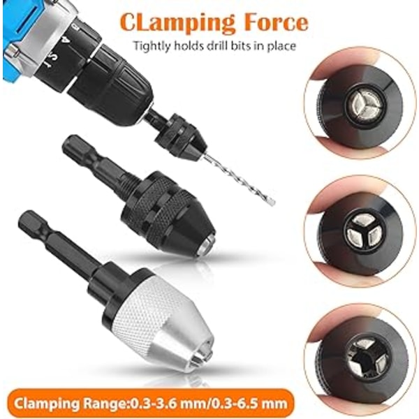 Nyckellöst Borrchuck Konverteringsverktyg, 2 st 1/4 Tum Hex Skaft Nyckellös Borrchuck Adapter, 0,3-6,5 mm & 0,3-3,6 mm Snabbväxlingskonverterare för Mikroborr