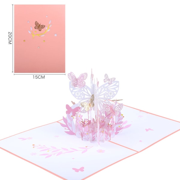 3D Pop Up Kort med Kuvert til Valentinsdag, Fødselsdag, Bryllup, Fest, Forlovelse, Tak, Dimission - Sommerfugle og Blomster