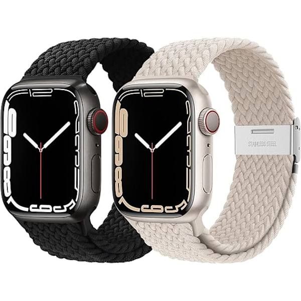 Tvådelat elastiskt vävt armband (svart och beige, exklusive klockor), lämpligt för Apple Watch armband 40mm 41mm 38mm dam och herr, lämpligt för