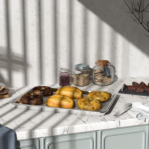 Bageplade med rist i rustfrit stål, rektangulær stegepande med køkkentang til grill, 40x30x2,5CM