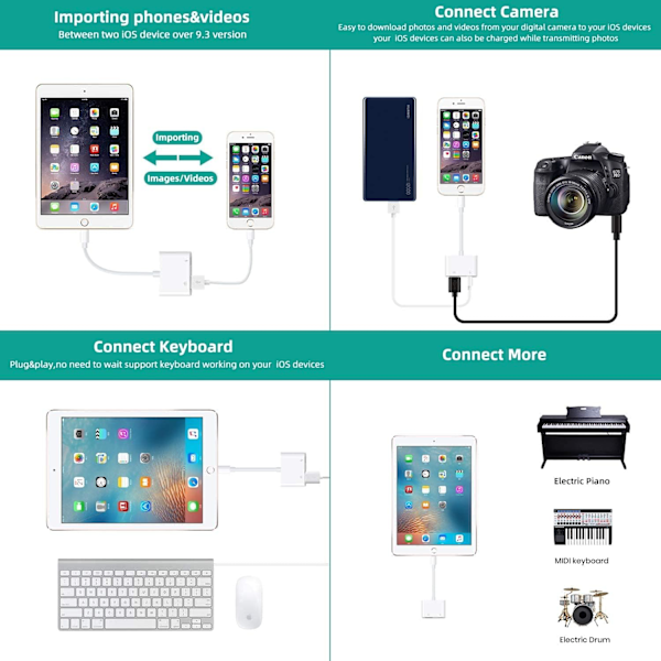 Vit 2-pack USB-kameraadapter med laddningsport, USB-hona OTG-kabel kompatibel med iOS9.2-13, stödjer USB-minne Mus MIDI-tangentbord Elektrisk Pian