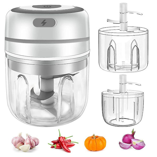 Elektrisk vitlökshackare USB-laddning Minihackare Elektrisk vitlökskross Mathackare 250ml 2 koppar 2 blad White