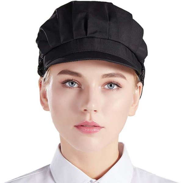 Sett med 3 kokkehatter, svarte [halvt mesh, halvt stoff] unisex kjøkkenhatter med netting, egnet for arbeid i verksteder, fabrikkkjøkken og bakerier.