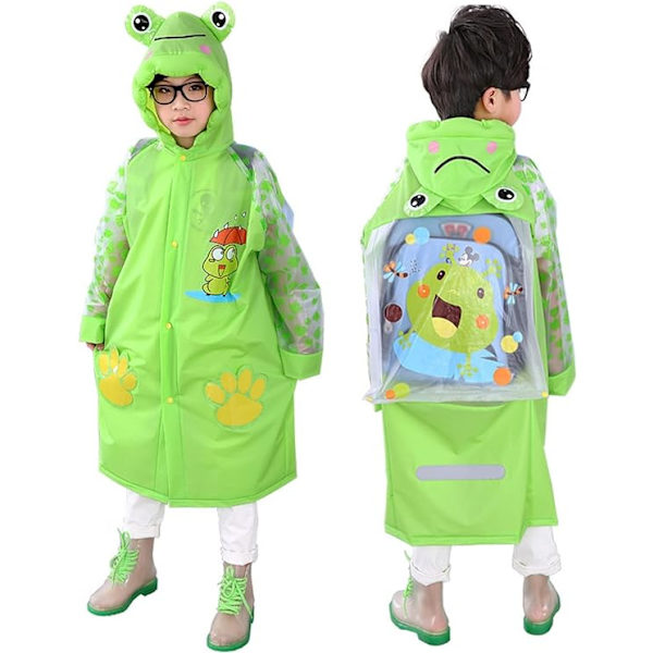 Unisex barn söt grön groda regnrock (lämplig för längd 120-130cm), 3D kreativ huva poncho för pojkar och flickor vattentät svepningsset PVC