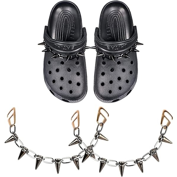 Kaksiosainen setti mustia Croc-koruja, punk-niitti kapeneva metallinen koruketju, käytetään tee-se-itse-koristeluun, vapaa-ajan kenkiin ja sandaalitarvikkeisiin, käytetään juhlalahoina