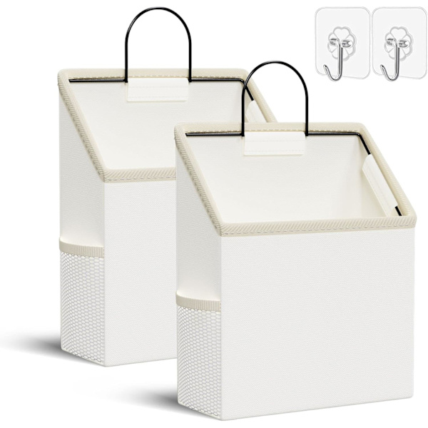 (Vit) 2-pack Väggmonterad Förvaringsväska med Självhäftande Krok, Hängande Förvaring för Fickor, Badrum Sovsal Organizer Väska, Linne Bomull Organizer Box