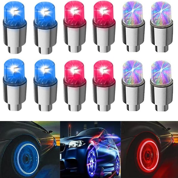 12 stk. LED Sykkelhjul Lys Dekk Dekkventilhetter Neonlys for Bil Motorsykkel Sykkel Miks 3 Farger