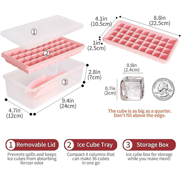 Silikonform för isbitar med lock och behållare Pink 77 grids