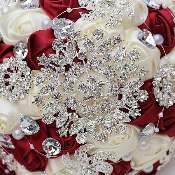 Handgjord brosch brudbukett brud satin rosor blommor strass pärlor buketter bröllopsbukett konstgjord bukett ros bukett dekoration Red