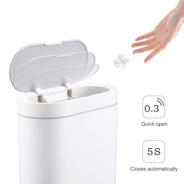 Badeværelses skraldespand, 9,5 liters slank plastik smal soveværelses skraldespand med låg, 2,5 gallon vandtæt bevægelsessensor lille badeværelses skraldespand, hvid