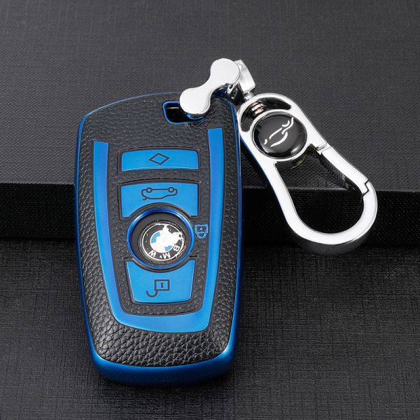 För BMW-nyckelring med lädernyckelring, avancerad mjuk TPU-yta lädernyckelhållare för klassisk stil BMW Smart Key (blå)