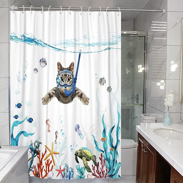 Bruseforhæng 180 x 180 cm Dykkerkat Ocean Print Vandtæt Badeforhæng Vaskbart Anti Hurtigtørrende Polyesterstof Badeværelsestilbehør med 12 Kroge