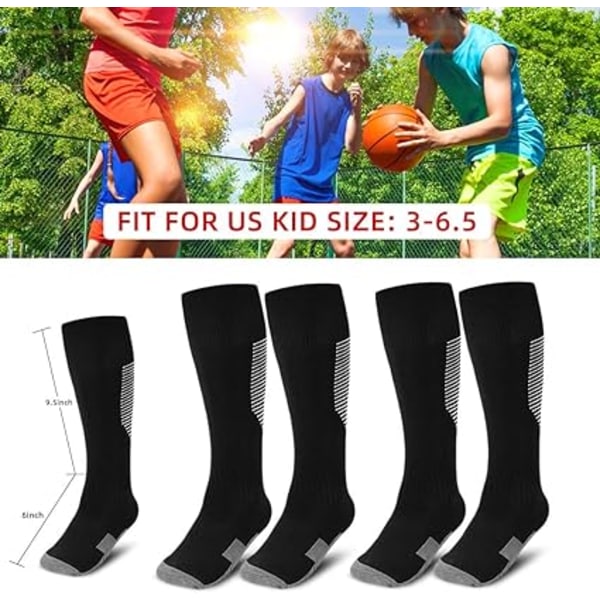 Fotbollsstrumpor för barn, 2 par knähöga strumpor för ungdomar Pojkar Flickor för skostorlek 3-6,5 / åldrarna 6-12 Svart-005