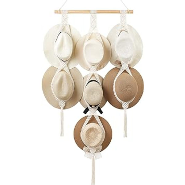 Makramé Hatt Hängare Hattställ för Vägg Cowboyhatt Hållare Display Organizer för Garderob Handvävd Bobo Hängande Hatt Organizer Förvaring för Bredbrättad Hatt