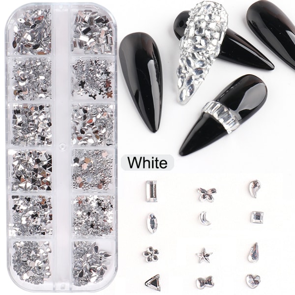 En set (vita) nail art 12 rutnät Fancy Heart Star Hartsformade diamantnagelstenar, kristallstrasstenar med platt baksida med pick up pincett för nagel