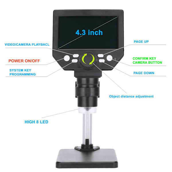 Digitalt mikroskop 4,3 tum HD 1000X 10MP kamera 8 LED-lampor USB professionellt bärbart elektroniskt mikroskop för klockreparation (64G SD-kort, Windows och