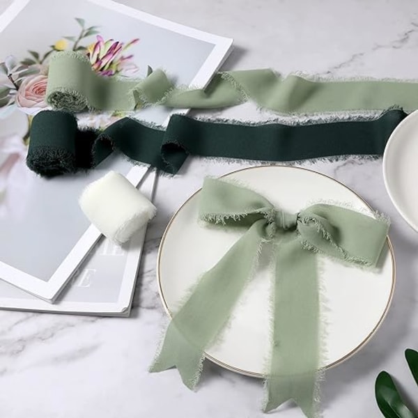 3 rullar chiffongband vita, ljusgröna, mörkgröna, 4 cm x 5,5 yards färgade tofssidenband, används för bröllopsinbjudan bukett presentförpackning