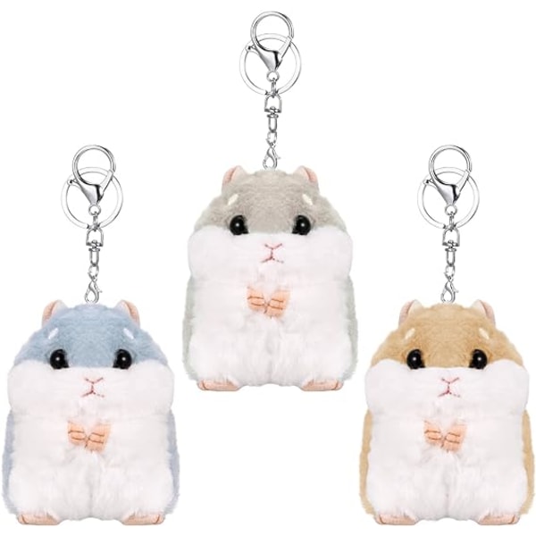 3 søde hamster nøgleringe blå brun grå, blød plys nøglering, hamster vedhæng nøglering, fluffy nøglering, dekorativ dyre nøglering, rygsæk vedhæng, pig