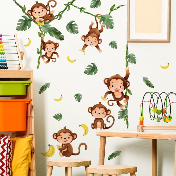 Tecknad Monkey Vine Väggdekal, Klistermärke Barnsovrum Nursery Art Baby, Jungle Avtagbar dekoration, Tecknad barns söt DIY Game Room Decora