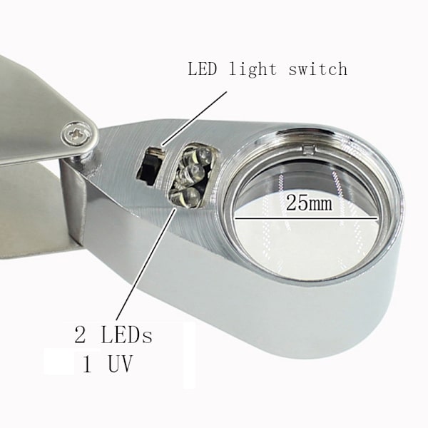 En 40X Lupp Förstoringsglas Helt i Metall Upplyst Smyckeslupp Förstoringsglas Bärbar Fickvikbar Förstoringsglas Juvelerare Lupp med LED och UV L