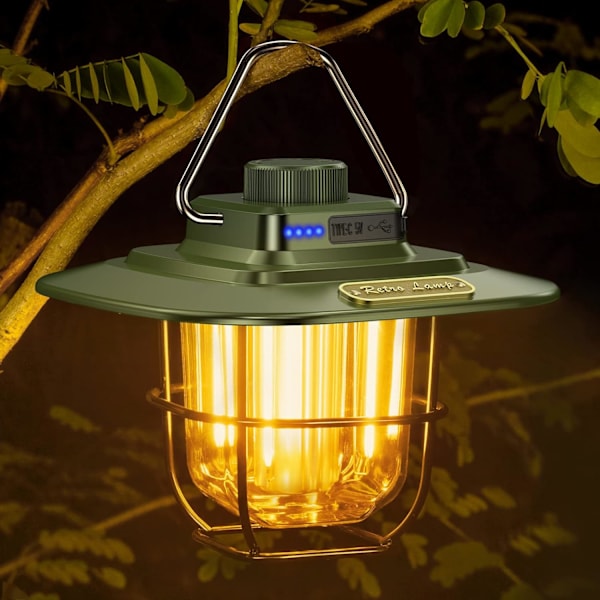 Grön uppladdningsbar campinglykta, retro USB-uppladdningsbar LED-campinglampa C-varmt och naturligt ljus, steglös dimning, ljust 13H + batteritid, bärbar