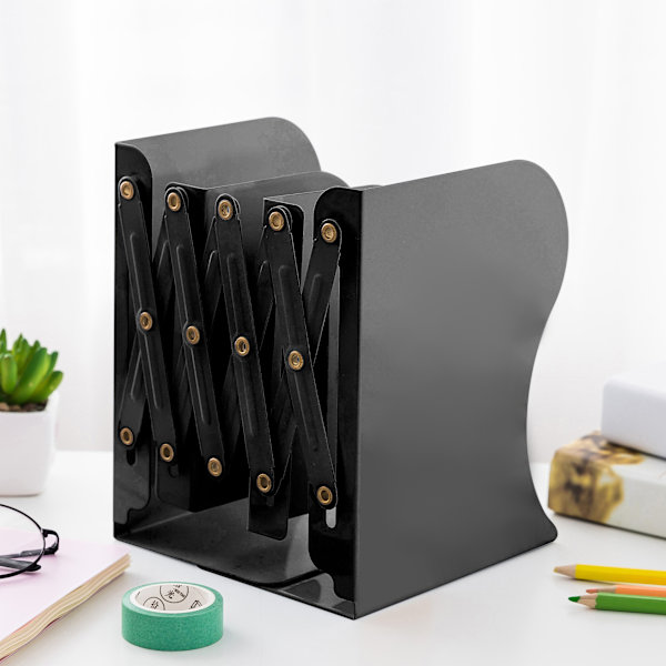 Svart justerbar bokstöd, justerbart bokstöd i metalljärn, expanderbara tidskriftshållare för skrivbord, bokhylla, kontor, brevpapper, expanderar till 48 cm