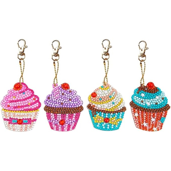 Diamantmålning Nyckelring Set (4 Cupcake Pack), 5D DIY Diamantmålning Nyckelring, DIY Diamantmålning Broderi Nyckelring Kit