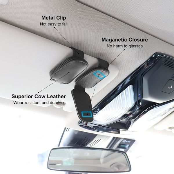 2-pack (Svart) Solglasögonhållare för bilvisir, Magnetisk läder Glasögonhängare Clip för bil, Solglasögonhållare och Biljettkort Clip för bilvisir