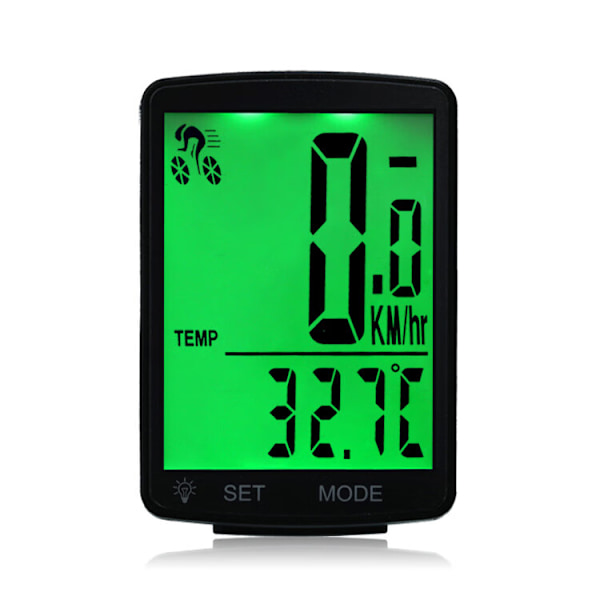 Trådløs LCD cykeltachograf grøn baggrund 1 stk - Vandtæt - Skridttæller - Speedometer - Automatisk hukommelse - Temperaturmåling