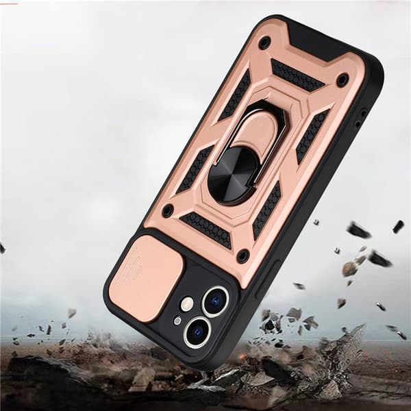 Rosegull deksel til iPhone 13 Pro Max med skyvbart kameradeksel og stativ, innebygd 360° roterende ringholder magnetisk deksel for iPhone 12 / 13